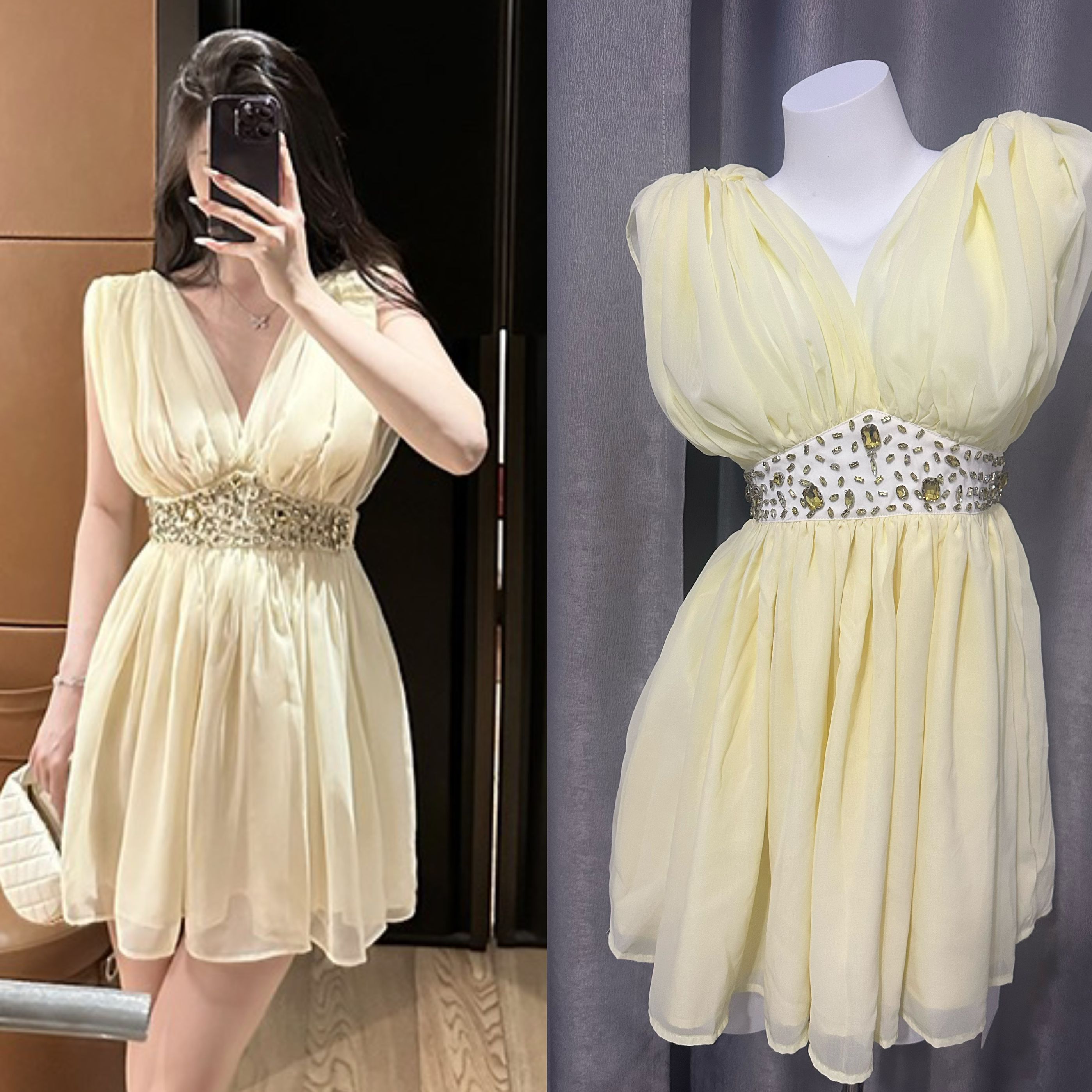 for fay 늦게 스타 수공 바늘 600 바늘 슈퍼 플래시 황색 훈련 품격 허리 수축 슈퍼 부드러운 실 쉬폰 여성 드레스