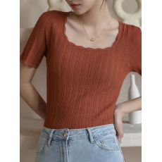 批发法式气质花边方领短袖针织衫女洋气减龄修身套头锁骨上衣夏季小衫