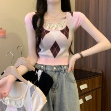 批发实拍实价夏季新款<b class='q'>学院风</b>复古菱形蕾丝花边方领百搭显瘦小衫短上衣