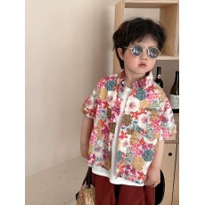 批发韩国碎花<b class='q'>衬衫</b>男女儿童装夏季2024新款度假风印花<b class='q'>短袖</b>上衣防晒外套