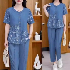 批发时尚印花天丝牛仔套装女2026夏季新款洋气<b class='q'>妈妈装</b>减龄休闲两件套潮