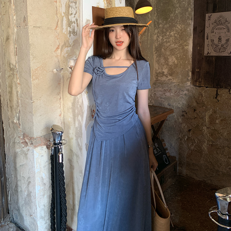 PF15107# 夏季新款女短袖显瘦不规则花朵上衣半身裙两件套设计感小众女女裝貨源服裝批發