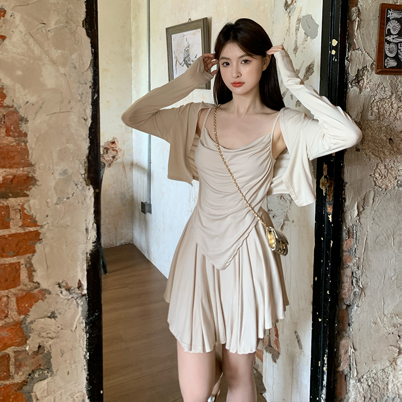 PF16535# 夏季新款亲肤莫代尔三件套显瘦吊带开衫高腰短裙时尚套装辣妹女裝貨源服裝批發