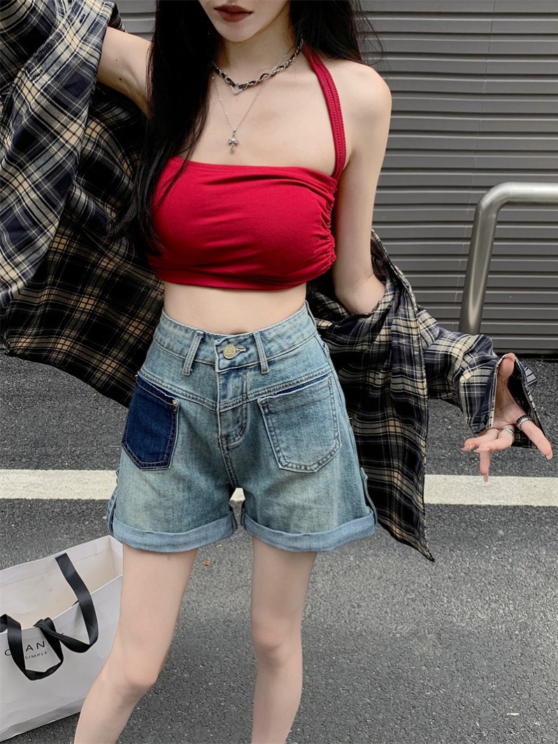 FA26188# 设计感高腰复古蓝牛仔短裤女夏新款显瘦美式高街辣妹A字热裤 服裝批發女裝批發服飾貨源