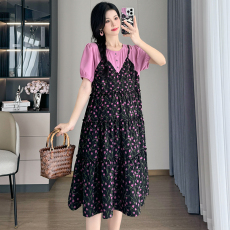 批发实拍2026夏新款孕妇装碎花小清新收腰显瘦圆领假两件连衣裙