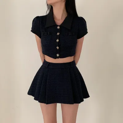 韩国chic 小香风短外套+高腰半身裙 粗花呢套装