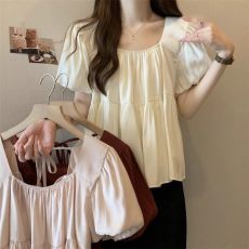 法式大码方领短袖衬衫夏季遮肚显mm甜美泡泡上衣短款天娃娃衫
