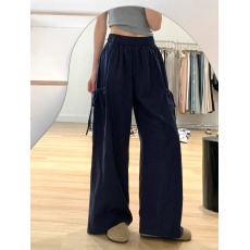 批发实价藏青色蝴蝶结绑带工装裤女夏季新款阔腿慵懒休闲<b class='q'>百搭</b>裤子