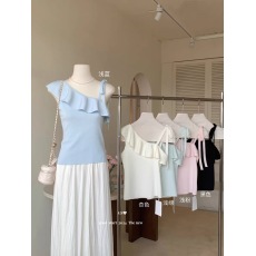 批发GS小众2026夏季<b class='q'>韩版</b>斜肩设计款吊带不对称荷叶领针织小衫显瘦上衣