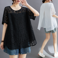 批发实拍2024夏新款文艺蕾丝<b class='q'>清凉</b>百搭圆领上衣不规则大码女装
