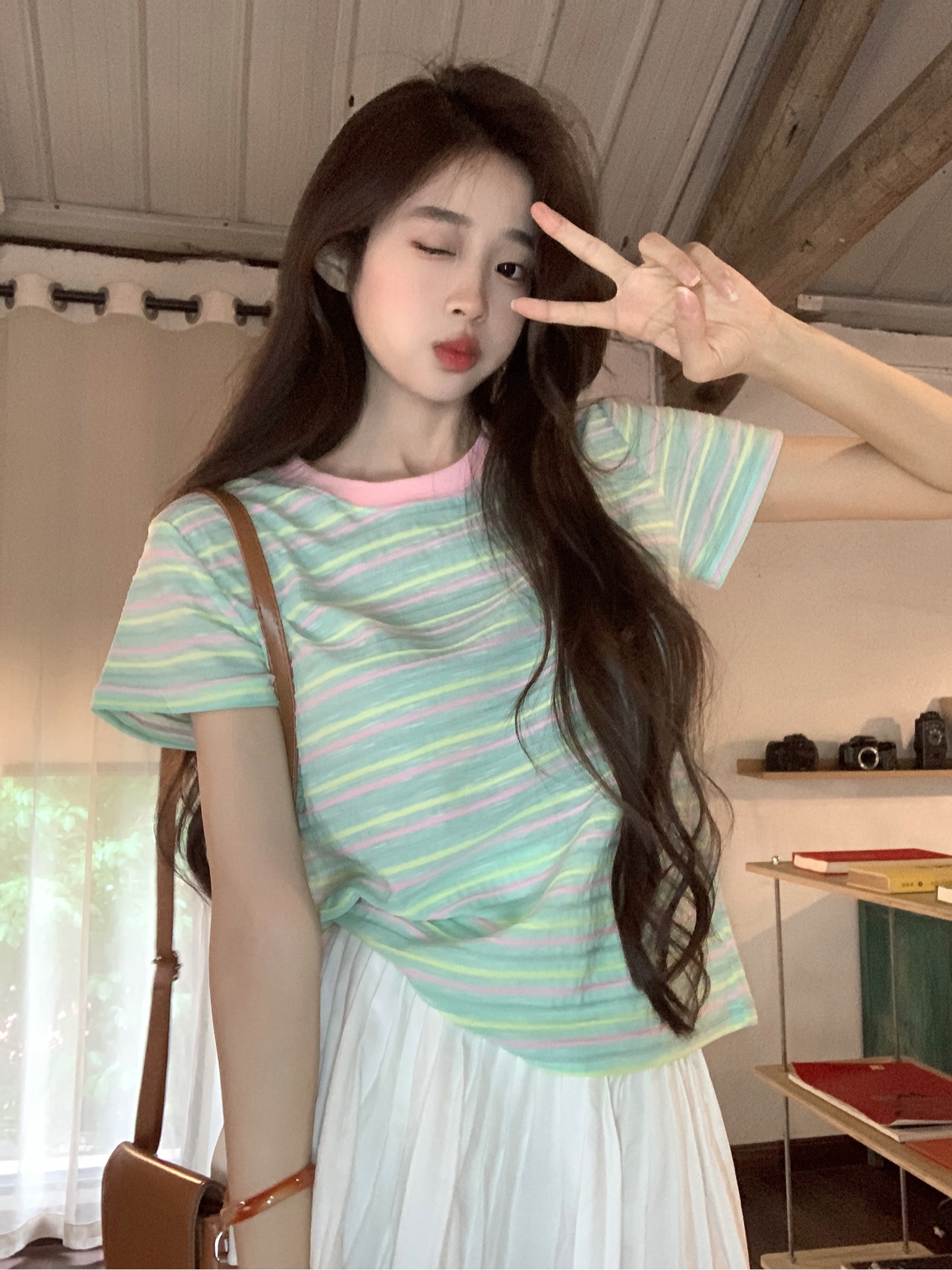 RY5791# 实拍短袖t恤女夏2026美式条纹正肩修身短款撞色圆领上衣韩版女装