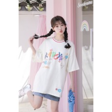 批发依旧<b class='q'>可爱</b> 日系甜美发泡字母印花奶fufu短袖ins宽松圆领T恤女