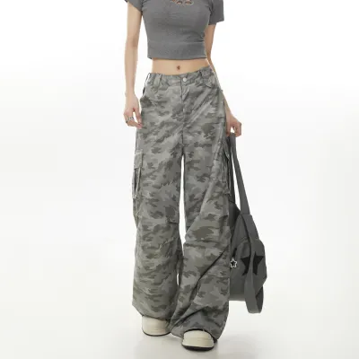 实拍#美式复古迷彩伞兵裤子女夏季街头宽松大口袋设计感工装长裤