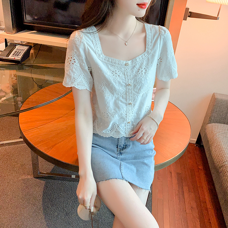 6159# 레이스 기본 셔츠 여성 여름 반팔 아름다운 작은 셔츠 외국 가스 쇼트 스타일 광장 칼라 요정 맨위 쉬폰 블라우스