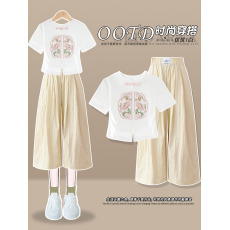 批发230克纯棉双纱<b class='q'>女</b><b class='q'>童</b><b class='q'>夏季</b><b class='q'>短袖</b><b class='q'>套装</b>2026新款休闲中<b class='q'>大</b><b class='q'>童</b>多巴胺两件套