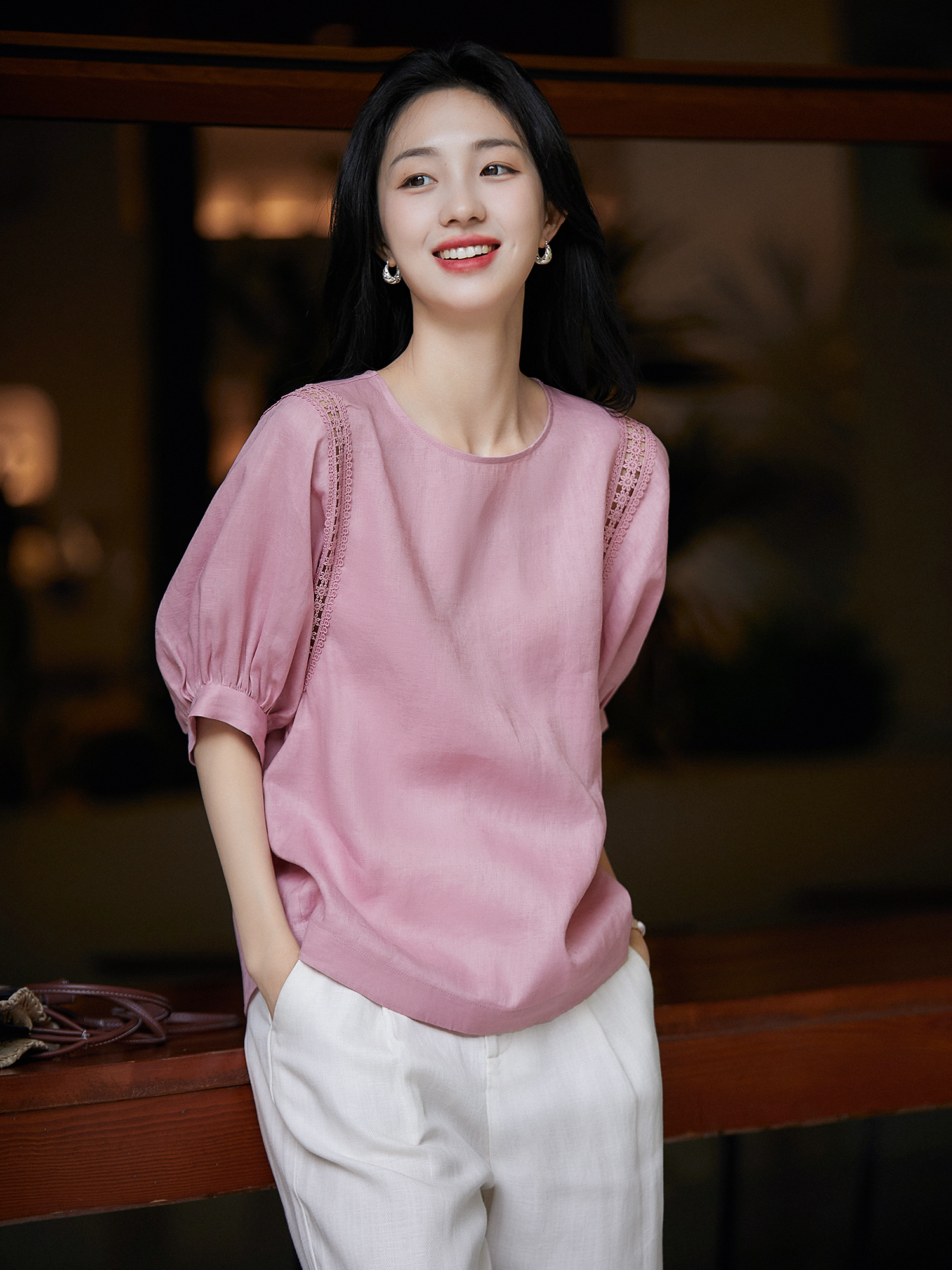복숭아 그것 야오 야오 편안함 통기성 호흡 센스 아마 복숭아 부드러운 분말 벌룬 소매 작은 셔츠 반팔 맨위