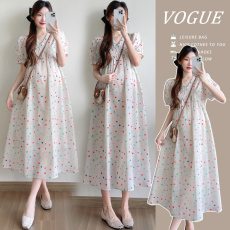 批发实拍 孕妇夏装波点连衣裙夏天宽松V领短袖大码连衣裙