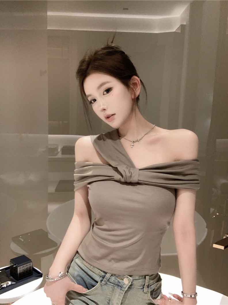 FA20976# 可两穿一字肩蝴蝶结挂脖上衣女夏洋气修身t恤 服裝批發女裝批發服飾貨源