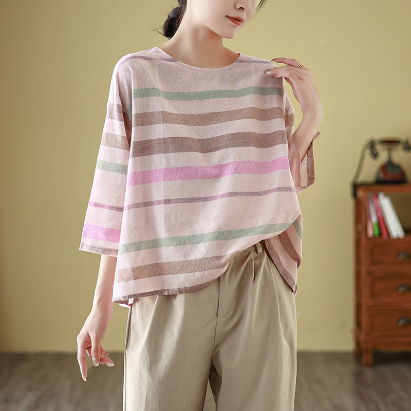 갱신 선적 2025 여름 섹션 유약 핑크색 리넨 면화 가로 줄무늬 문단 라운드 넥 얇고 가벼운 통기성 풀오버 셔츠 티셔츠