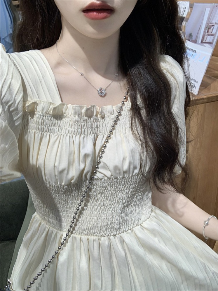 실사 정가 2026 부드러운 소녀 거품 소매 드레스 여름 새로운 허리 수축 품격 광장 칼라 치마