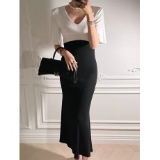 批发韩版 INS优雅气质V领修身显瘦撞色拼接短袖鱼尾裙包臀连衣裙