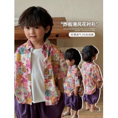 批发度假风海边碎花<b class='q'>衬衫</b>男女童中大童韩版<b class='q'>短袖</b>开衫上衣夏季防晒外套