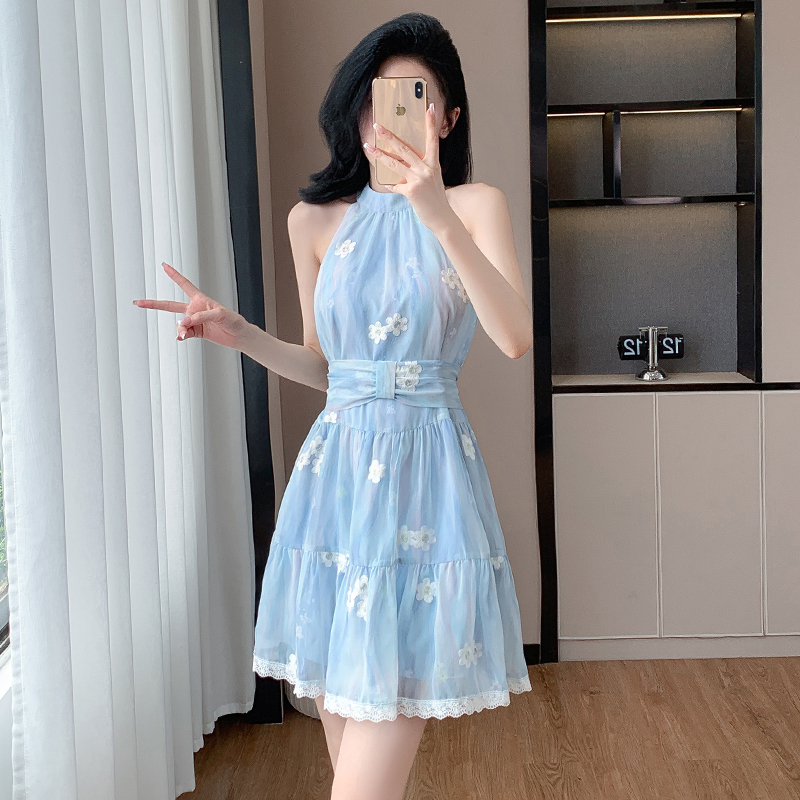 FA25969# 小香风蓝色挂脖连衣裙女夏季新款甜美气质海边度假裙雪纺a字短裙 服裝批發女裝批發服飾貨源