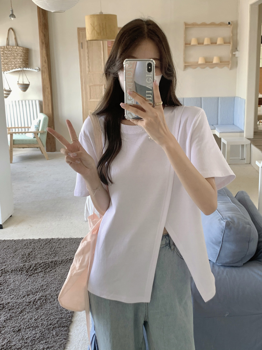 실사 순면 반팔 티셔츠 여성 여름 루즈핏 슬림해 보이는 다용도 불규칙 트임 반소매 맨위 서비스