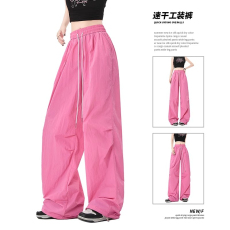 批发玫红色工装裤女美式<b class='q'>夏季</b>新款休闲速干<b class='q'>运动</b>裤阔腿裤多巴胺跳舞裤子