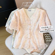 批发实拍大码女装2026胖mm夏季V领法式复古<b class='q'>刺绣</b>气质减龄百搭洋气上衣
