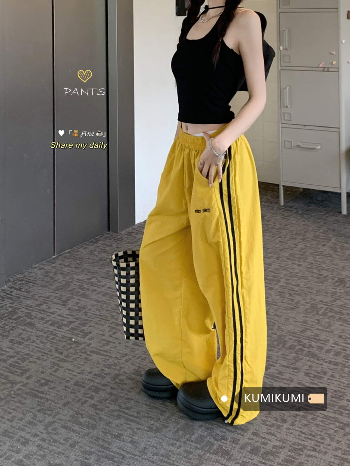 알파벳 있음 변경 속도 건조한 워크웨어 팬츠 여성 도파민 루즈핏 캐주얼 스트라이프 얇은 스타일 운동 와이드 레그 팬츠