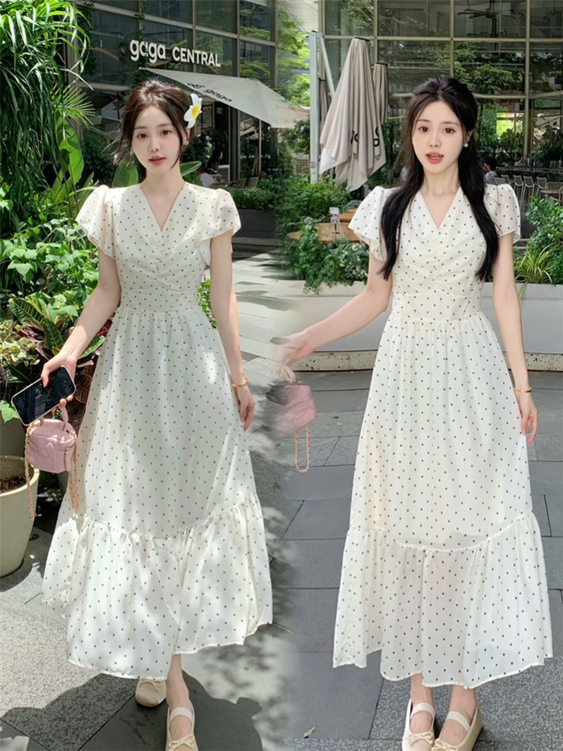 MY8428# 法式波点荷叶袖连衣裙夏季气质女神茶歇裙韩版V领收腰长裙女裝貨源服裝批發