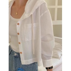 批发韩国chic夏季气质百搭单排扣条纹撞色短款宽松长袖防晒连帽衬衫女