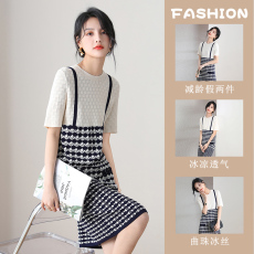 批发外贸出口意大利品牌尾单夏季薄款针织<b class='q'>连衣裙</b>女夏设计感假两件裙子