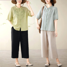 批发实拍中年妈妈夏<b class='q'>装</b>时尚国风套<b class='q'>装</b>新款洋气<b class='q'>中</b>老年女<b class='q'>装</b>衬衣小衫上衣