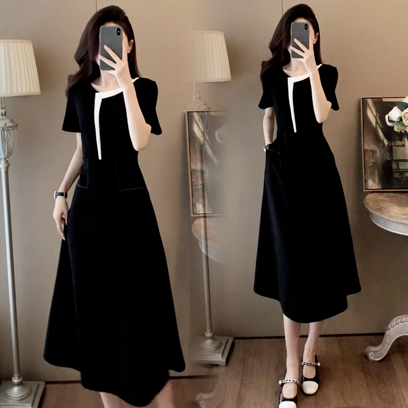 RY70090# 设计感小众别致连衣裙女2026夏季新款拼色中长款短袖a字裙