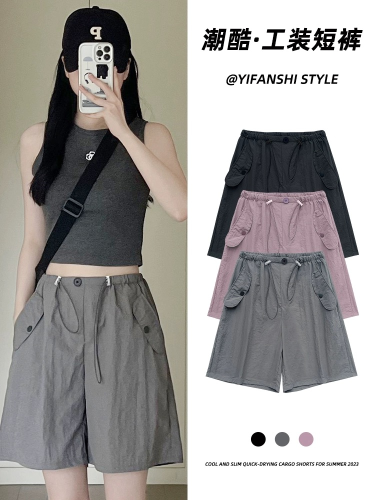 RY3028# 灰色工装短裤女夏季薄款高腰休闲阔腿设计感速干运动美式五分裤子