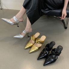 批发米庭法式尖头皱褶包头拖2026春<b class='q'>夏</b>新款坡跟百搭气质时尚高跟半拖鞋