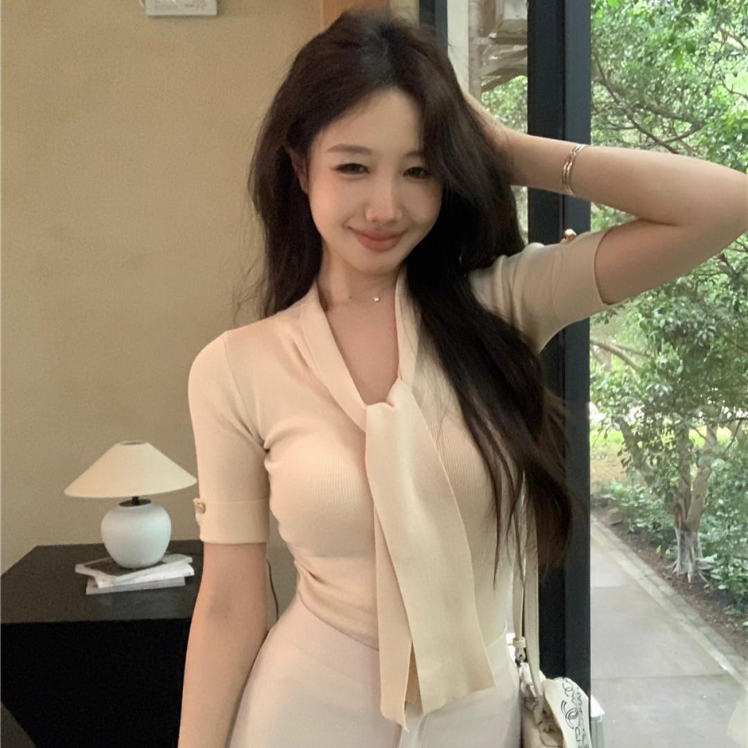 한 부서 리본 몸매 가꾸기 반팔 니트 티셔츠 여성 여름 허리 수축 슬림해 보이는 품격 빛 요리 한 바람 chic 파란색 맨위