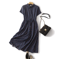 批发2026夏季新款纯棉印花衬衫裙复古文艺短袖中长款<b class='q'>连衣裙</b>女森