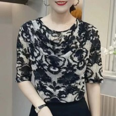 批发2025夏季新款<b class='q'>中袖</b>堆堆领T恤女弹力网纱印花打底衫上衣