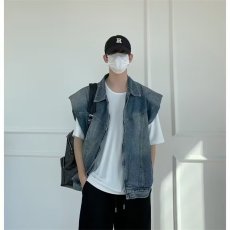 批发美式复古垫肩牛仔马甲男潮牌设计感小众工装外套叠穿无袖坎肩背心