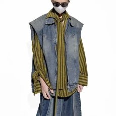 批发美式复古垫肩牛仔马甲男潮牌设计感小众工装外套叠穿无袖坎肩背心