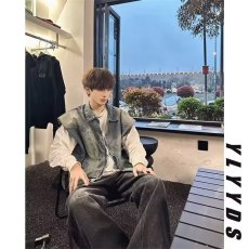 批发美式复古垫肩牛仔马甲男潮牌设计感夹克工装外套叠穿无袖坎肩背心