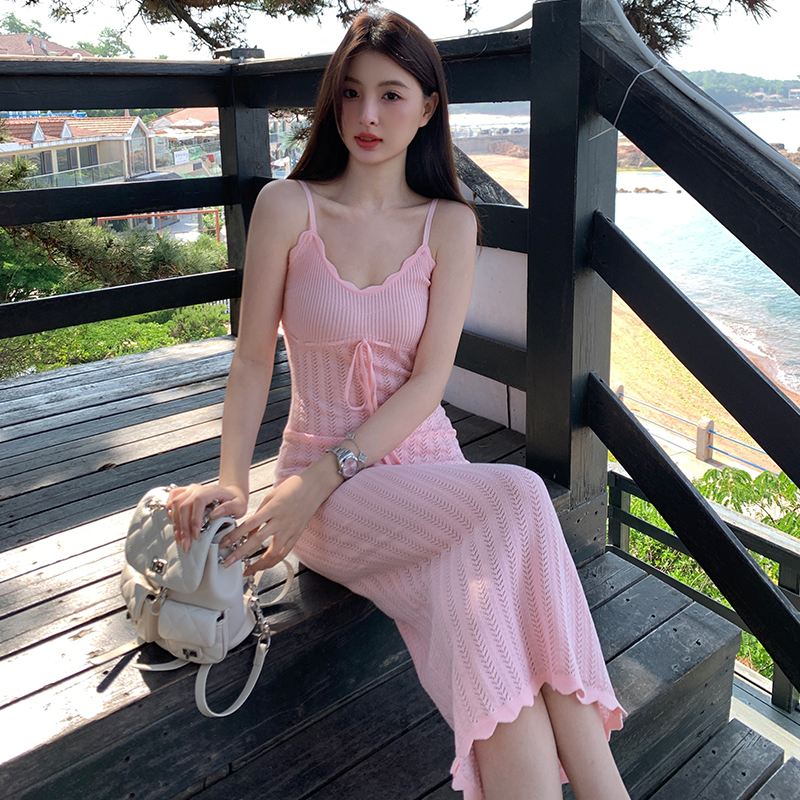 실사 핑크색 레이스업 섹시함 슬립 여성 드레스 여름 허리 수축 V넥 니트 원피스 핫걸 타이트 스커트 길다 치마