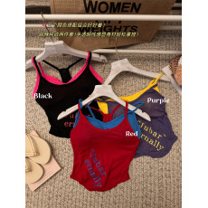 批发实价实拍 辣妹字母印花叠穿吊带背心上衣休闲<b class='q'>套装</b>女红色两件套