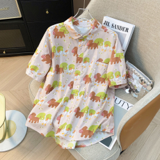 批发实拍娃娃领撞色卡通印花宽松休闲短袖衬衫2024年夏季时尚减龄衬衣