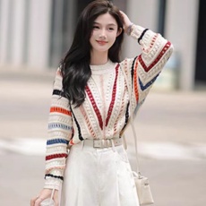 批发彩色条纹<b class='q'>针织</b>衫上衣女2026新款外穿宽松套头慵懒风毛衣女秋冬<b class='q'>外套</b>