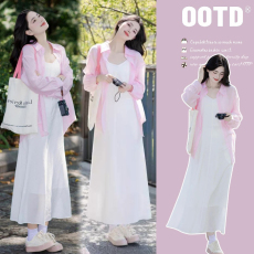 批发夏装新款大码女装粉色系防晒衬衫中长款连衣裙<b class='q'>两件套</b>装M-4XL200斤