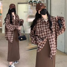 批发2026早春韩款大码女装气质背心连衣裙格子衬衫套装M-4XL200斤